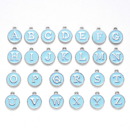 Honeyhandy Initial Letter A~Z Alphabet Enamel Charms, Flat Round Disc Double Sided Charms, Platinum Plated Enamelled Sequins Alloy Charms, Light Sky Blue, 14x12x2mm, Hole: 1.5mm, 26pcs/set