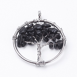 Honeyhandy Natural Black Agate Pendants, with Brass Findings, Flat Round with Tree of Life, Dyed, Platinum, 29x5~7mm, Hole: 4.5mm