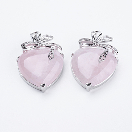 Honeyhandy Natural Rose Quartz Pendants, with Brass Findings, Heart, Platinum, 32x47.5x12mm, Hole: 4x5mm