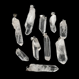 Honeyhandy Natural Quartz Crystal Pendants, Rock Crystal, Bullet Charms with Stainless Steel Color Tone 201 Stainless Steel Snap on Bails, 24~48x10~14x8~10mm, Hole: 4.5x5mm