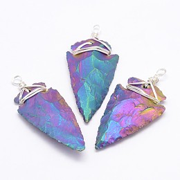 Honeyhandy Electroplated Quartz Crystal Big Pendants, with Brass Finding, Arrowhead, Silver Color Plated, Multi-color Plated, 47~72x20~32x6~12mm, Hole: 4mm