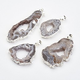 Honeyhandy Natural Geode Agate Pendants, with Brass Findings, Nuggets, Silver Color Plated, 38~65x18~40x5~6mm, Hole: 5x7mm