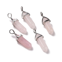 Honeyhandy Natural Rose Quartz Pendants, Faceted, with Platinum Tone Brass Findings, Lead free & Cadmium Free, Bullet, 27~30x9~10x7~8mm, Hole: 4x3mm