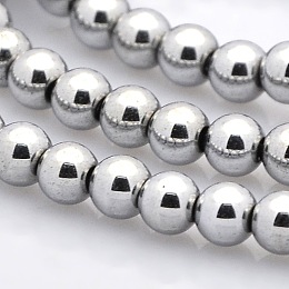 Honeyhandy Round Non-magnetic Synthetic Hematite Beads Strands, Silver Plated, 4mm, Hole: 1mm, about 100pcs/strand, 15.7 inch