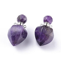 Honeyhandy Faceted Natural Amethyst Openable Perfume Bottle Pendants, with 304 Stainless Steel Findings, Peach Shape, Stainless Steel Color, 35~36x18~18.5x21~21.5mm, Hole: 1.8mm, Bottle Capacity: 1ml(0.034 fl. oz)