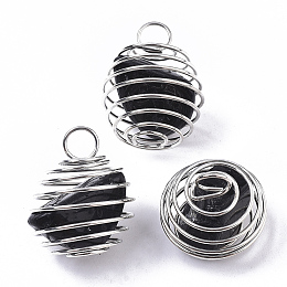 Honeyhandy Iron Wrap-around Spiral Bead Cage Pendants, with Natural Black Tourmaline Beads inside, Round, Platinum, 21x24~26mm, Hole: 5mm