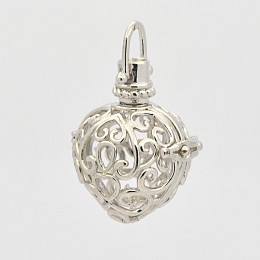 Honeyhandy Filigree Heart Brass Cage Pendants, For Chime Ball Pendant Necklaces Making, Platinum, 35mm, 29x25x20mm, Hole: 6x6mm, 18mm inner diameter