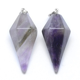 Honeyhandy Natural Amethyst Pointed Pendants, with Brass Findings, Bullet, Platinum, 38.5x16x14.5mm, Hole: 5x8mm