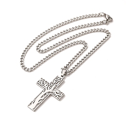 Honeyhandy Non-Tarnish 304 Stainless Steel Cross with Tree of Life Pendant Necklaces, Curb Chain Necklace with Lobster Clasps, Stainless Steel Color, 17-1/2 inch(44.5cm)