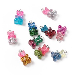 Honeyhandy Two Tone Transparent Resin Glitter Pendants, with Platinum Tone Alloy Loops, Bear, Mixed Color, 20x11x8mm, Hole: 2mm