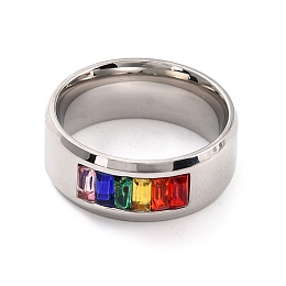 Honeyhandy Rainbow Pride Finger Ring, Wide Flat Titanium Steel Finger Ring for Men Women, Stainless Steel Color, US Size 7(17.3mm)