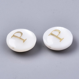 Honeyhandy Natural Freshwater Shell Beads, with Golden Plated Brass Etched Metal Embellishments, Flat Round, Seashell Color, Letter.P, 8x3~5mm, Hole: 0.5~07mm