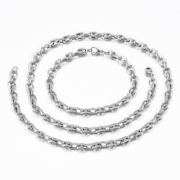 Honeyhandy Tarnish Resistant 304 Stainless Steel Jewelry Sets, Coffee Bean Chain Necklaces and Bracelets, with Lobster Claw Clasps, Oval, Stainless Steel Color, 23.6 inch(60cm)