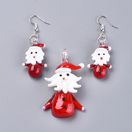 Honeyhandy Christmas Handmade Lampwork Jewelry Sets, Dangle Earrings and Pendants, with Brass Earring Hooks and Jump Rings, Santa Claus, Red, Earring: 56mm, Pin: 0.6mm, Pendant: 54x32x15mm, Hole: 6.5mm