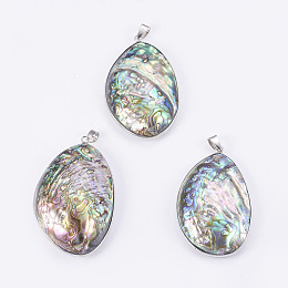 Honeyhandy Abalone Shell/Paua Shell Big Pendants, with Platinum Tone Brass Bail, teardrop, 56~60x34~37x11~15mm, Hole: 4.5x8mm