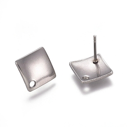 Honeyhandy 304 Stainless Steel Stud Earring Findings, Rhombus, Stainless Steel Color, 13.5x13.5x1.4mm, Side Length: 10x10mm, Hole: 1.5mm, Pin: 0.8mm