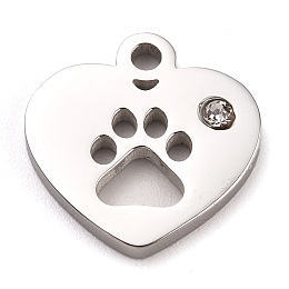 Honeyhandy 304 Stainless Steel Charms, Manual Polishing, with Crystal Rhinestone, Heart with Dog Paw Printed, Stainless Steel Color, 12x12x1.2mm, Hole:1.8mm