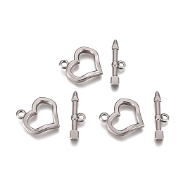 Honeyhandy 304 Stainless Steel Toggle Clasps, Heart, Stainless Steel Color, Heart: 20x18x2.6mm, Hole: 2.4mm, Bar: 7.5x23.4x2.6mm, Hole: 2mm