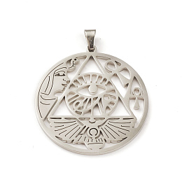 Honeyhandy 304 Stainless Steel Hollow Pendants, Flat Round with Eye of Horus & Ankh Cross & Wing Charm, Stainless Steel Color, 34x32x1.5mm, Hole: 4.5x3mm