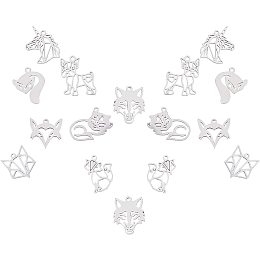 SUNNYCLUE 1 Box 16PCS 8 Style Animal Pendant Stainless Steel Animal Charm Collection Unicorn Wolf Fox Line Shape Pendants for DIY Crafting Supplies Necklace Bracelet Earring, Silver