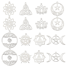 SUNNYCLUE 1 Box 16Pcs 8 Style Tarot Style Lotus Flower Charms Stainless Steel Triple Goddess Moon Pendant Charm Sun Star Chakra Charms for Jewelry Making Charms Earrings Necklace DIY Craft Supplies