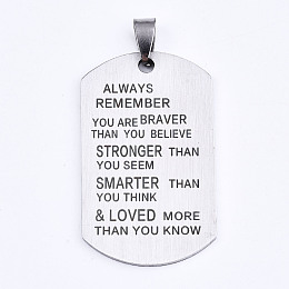 Honeyhandy 201 Stainless Steel Quote Pendants, Stamped Dog Tags, Inspirational Gift Jewelry, Rectangle, Laser Cut, Stainless Steel Color, 45x27x1.5mm, Hole: 4x7.5mm