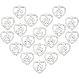 UNICRAFTALE 20pcs 201 Stainless Steel Pendants Heart with Dog Paw Prints Charms Small Hole Pendants for Women Necklaces Jewelry Making 15x15.5x1mm, Hole 1.2mm