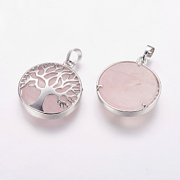 Honeyhandy Natural Rose Quartz Pendants, with Brass Findings, Platinum, Flat Round with Tree, 31x27x6.5~7mm, Hole: 5x8mm