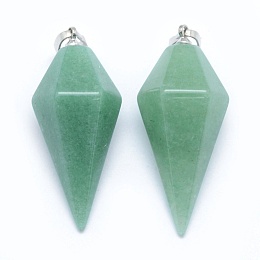 Honeyhandy Natural Green Aventurine Pointed Pendants, with Brass Findings, Bullet, Platinum, 38.5x16x14.5mm, Hole: 5x8mm