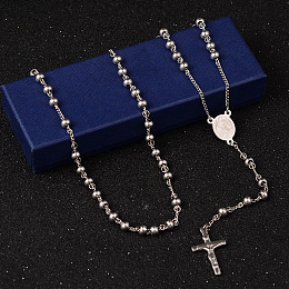 Honeyhandy 201 Stainless Steel Rosary Bead Necklaces, with Crucifix Cross Pendant, For Easter, Stainless Steel Color, 27.6 inch(70cm)