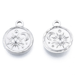 Honeyhandy 201 Stainless Steel Pendants, Flat Round with Sun & Moon, Stainless Steel Color, 19x15.5x2.5mm, Hole: 2mm