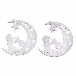 Honeyhandy 201 Stainless Steel Filigree Pendants, Etched Metal Embellishments, Moon with Star & Boy & Rabbit, Stainless Steel Color, 39x32x0.3mm, Hole: 1mm