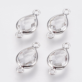 Honeyhandy Glass Links connectors, with Brass Findings, Faceted Teardrop, Nickel Free, Real Platinum Plated, Clear, 14x7x3mm, Hole: 1.2mm