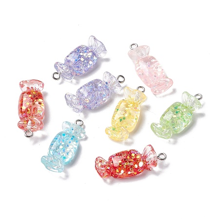 Transparent Resin Pendants, with Platinum Tone Iron Loop & Sequins, Imitation Food, Candy, Mixed Color, 30~31x11~11.5x6.5~7.5mm, Hole: 1.5mm