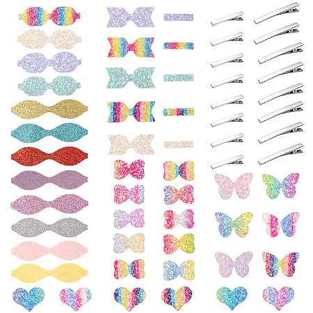 PH PandaHall 26 Set Glitter Faux Hair Bows DIY Making Kit with 3 Style Heart Butterfly Bow Pre Cut Pieces and 100pcs 2 Size Hair Clips for Lady Woman Clips Making