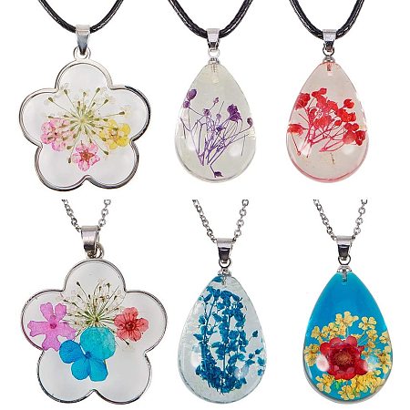 SUNNYCLUE 6Pack Dried Flower Necklace Include 6pcs Mixed Flower Teardrop Shape Pressed Resin Pendant, 3pcs 18inch Link Chain & 3pcs 19inch Leather Cord Necklace with Extender Chain