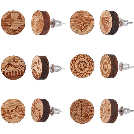 SUNNYCLUE 6 Pairs Wooden Stud Earring Set Natural Wood Charms Bulk Flat Round Earth Globe World Map Moon Star Compass Heart for Women DIY Jewelry Making Kit Findings Crafts Supplies Accessories,12mm