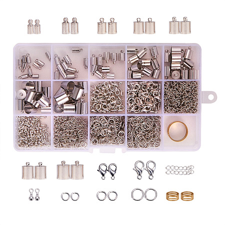 PandaHall Elite About 890Pcs Jewelry Finding Sets with Jump Rings Lobster Clasps End Piece Chains and Assistant Buckling Tool Platinum