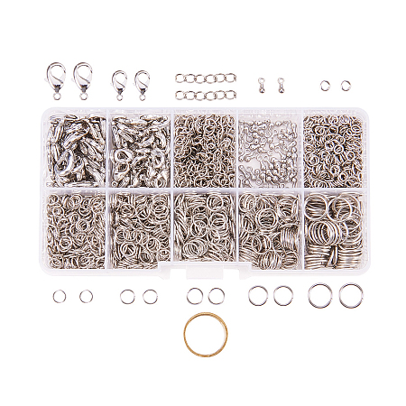 PandaHall Elite 1Box About 1585 Pcs Jewelry Making Findings Kits with Lobster Claw Clasps Twist Chain Links Drop Ends 22 Gauge Open Jump Rings 4~10mm and Jump Ring Open Tool Platinum