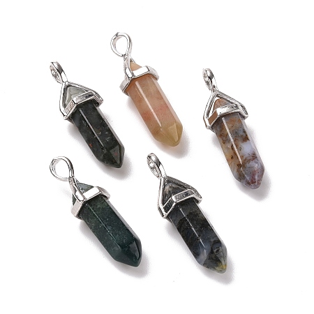 Natural Moss Agate Pendants, Faceted, with Platinum Tone Brass Findings, Lead free & Cadmium Free, Bullet, 27~30x9~10x7~8mm, Hole: 4x3mm