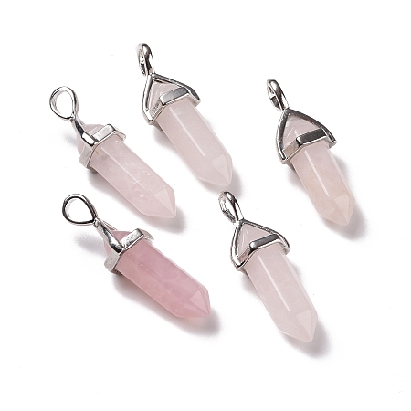 Honeyhandy Natural Rose Quartz Pendants, Faceted, with Platinum Tone Brass Findings, Lead free & Cadmium Free, Bullet, 27~30x9~10x7~8mm, Hole: 4x3mm