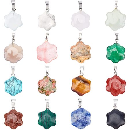 Pandahall Elite 16 Styles Flower Shaped Gemstone Pendants Crystal Quartz Chakra Stone Beads Charms for Necklace Earring Jewelry Making Valentine's Day Wedding