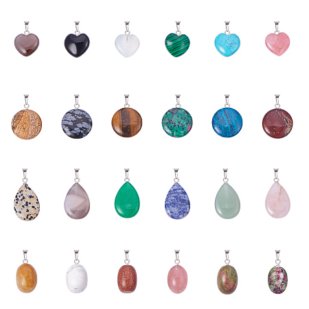 PandaHall Elite 24PCS 4 Styles Quartz Gemstone Chakra Stone Charm Pendants for Necklace Jewelry Making(Heart, Flat Round, Oval, Drop)