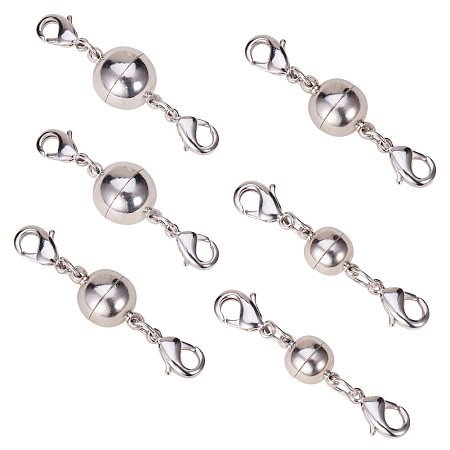 PandaHall Elite Round Brass Magnetic Clasps with Lobster Claw Clasps, Platinum, 14~18x8~12mm