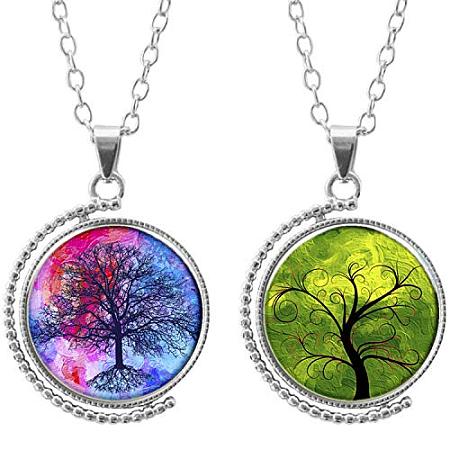 ARRICRAFT 3pcs Double-Sided Picture Glass Rotatable Pendant Necklaces, with Alloy Chains, Flat Round with Tree of Life, Silver, 18.5