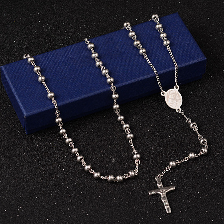 Honeyhandy 304 Stainless Steel Rosary Bead Necklaces, with Crucifix Cross Pendant, For Easter, Stainless Steel Color, 27.6 inch(70cm)