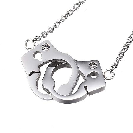 ARRICRAFT 6pcs 304 Stainless Steel Pendant Necklaces, with Rhinestone, Handcuffs, Stainless Steel Color, 17.32