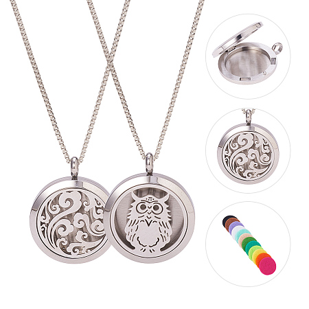 BENECREAT 2PCS Aromatherapy Essential Oil Diffuser Necklace Animal & Nature Stainless Steel Locket Pendant with 24