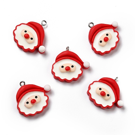 Opaque Resin Pendants, with Platinum Tone Iron Loops, Christmas Theme, Santa Claus, Red, 26x25x7.5mm, Hole: 2mm