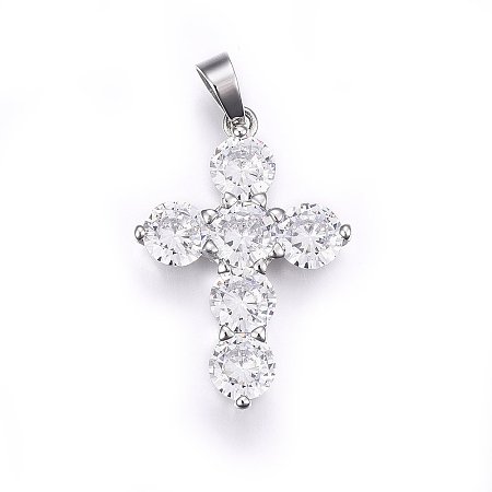 Honeyhandy 304 Stainless Steel Pendants, with Cubic Zirconia, Cross, Clear, Stainless Steel Color, 33x23x4.5mm, Hole: 5x7mm